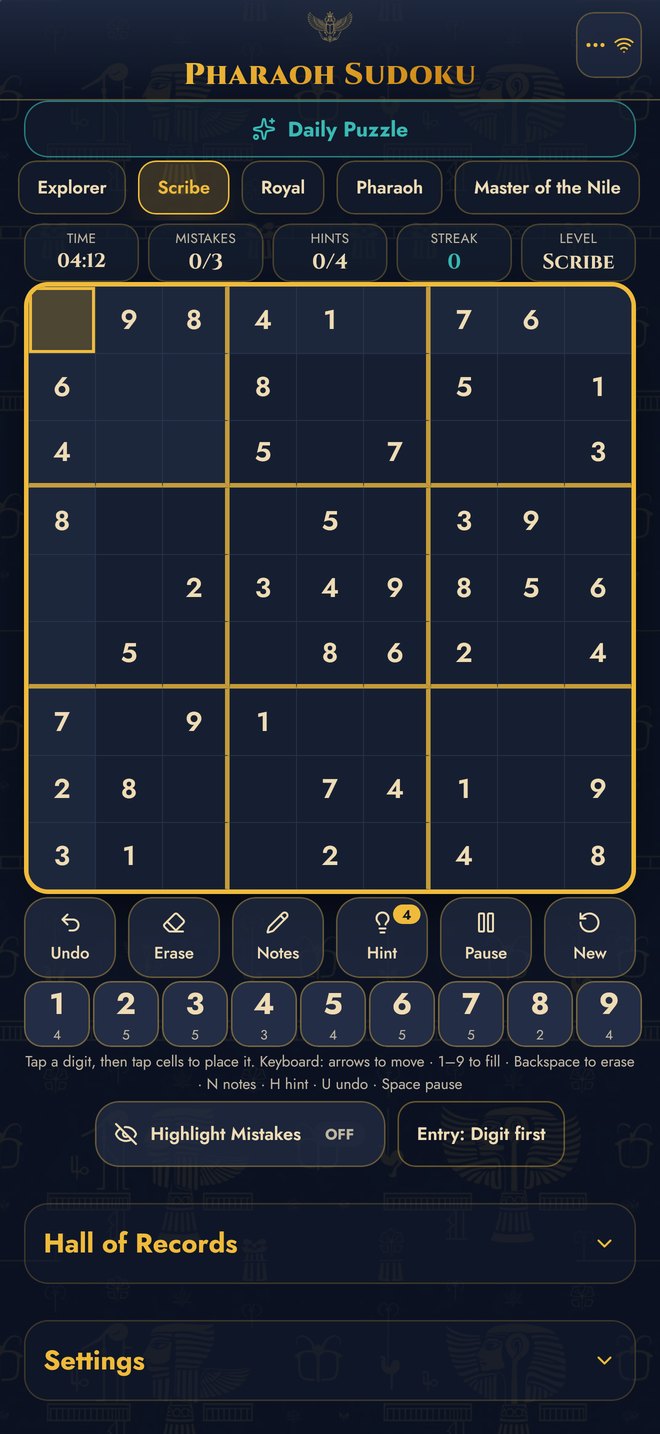 Pharaoh Sudoku board on iPhone with the timer, mistakes and hint counters above the grid.