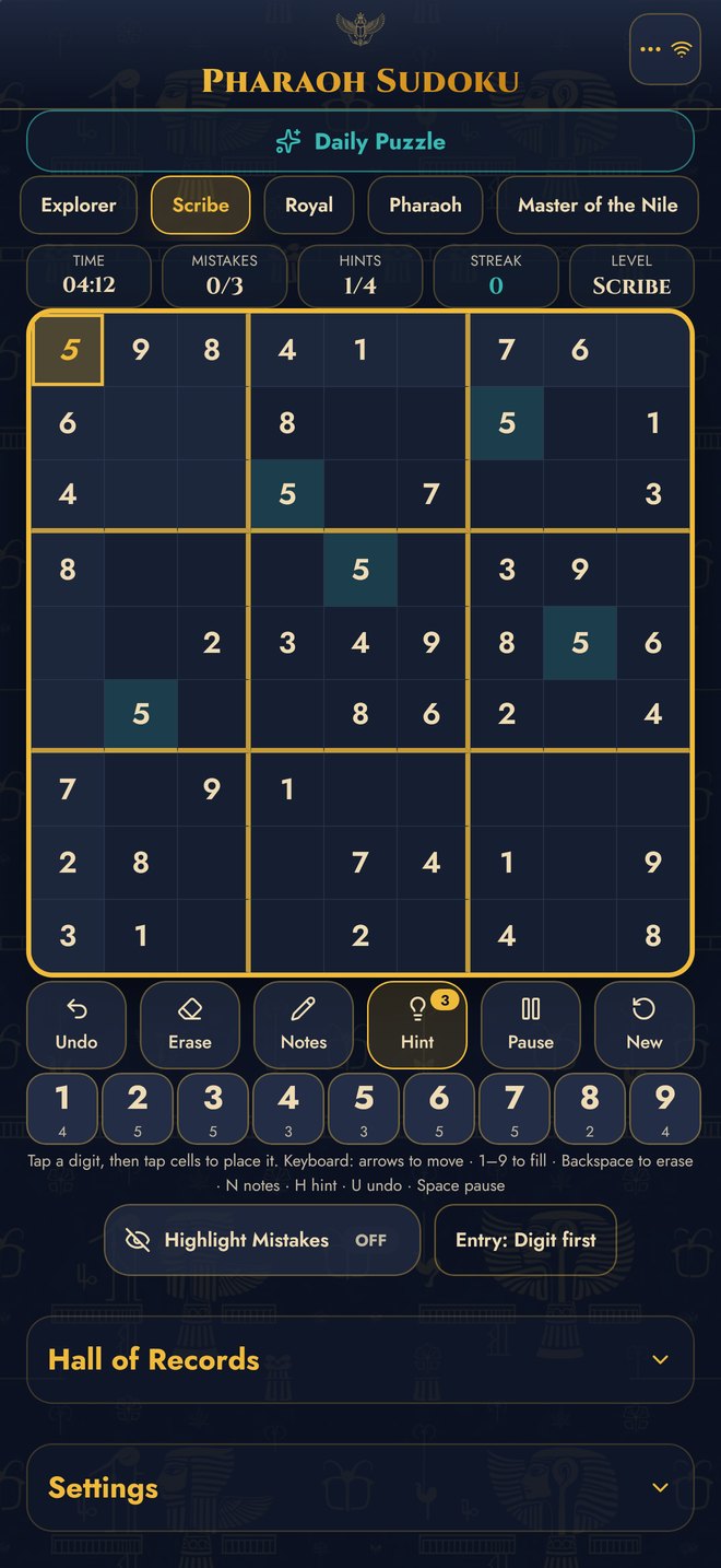 Hints: a revealed digit placed on the grid with the hint counter decreasing.
