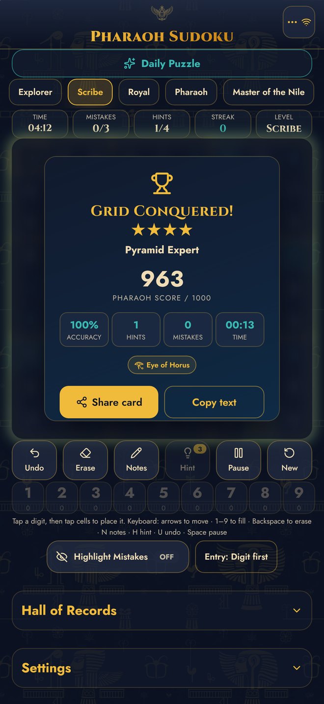 Victory summary showing Pharaoh score, accuracy, time and the Eye of Horus badge.